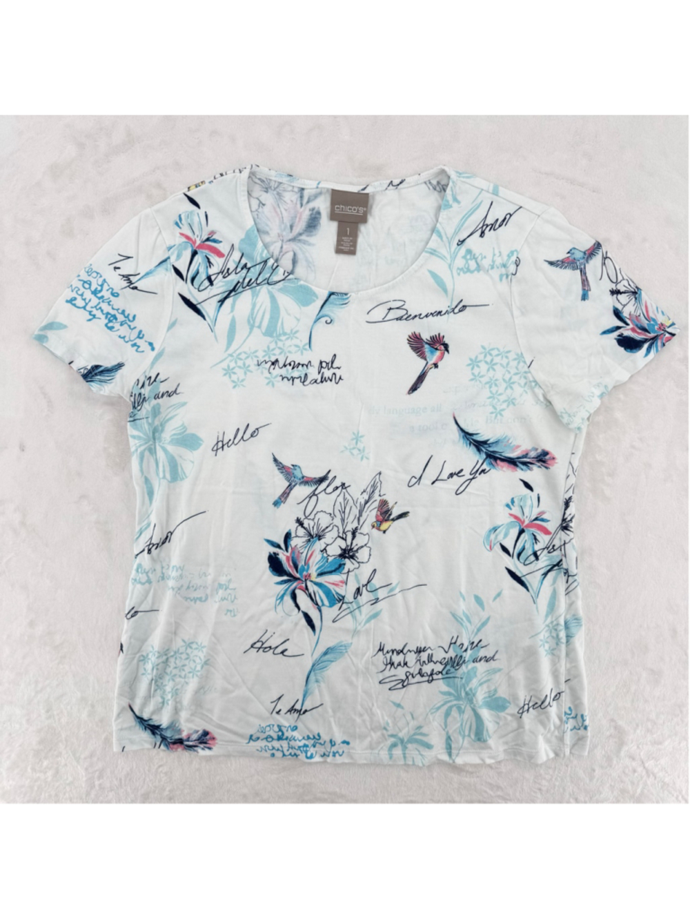 Chico's Tee Birds Flowers Messages Cotton Blend Dopamine Size 1/Medium